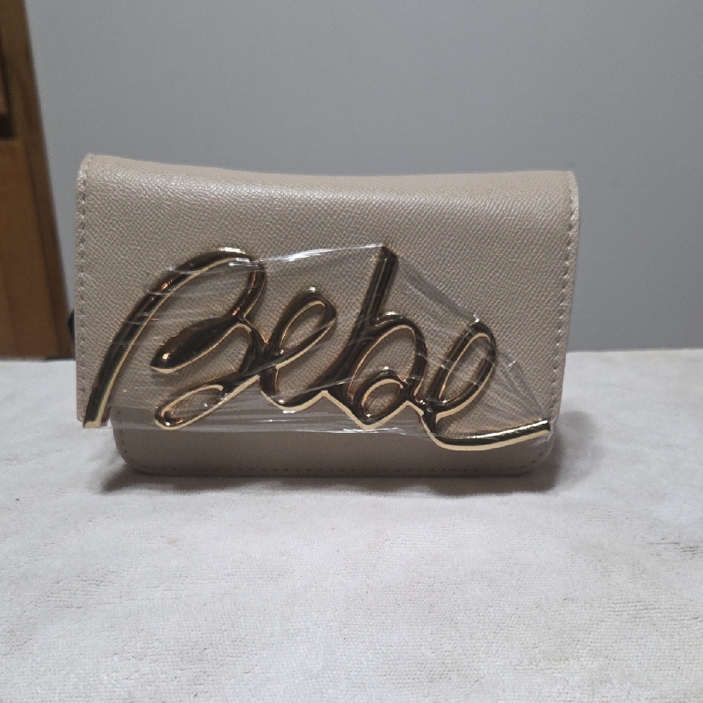 Bebe Taupe Card Holder with Gold Logo